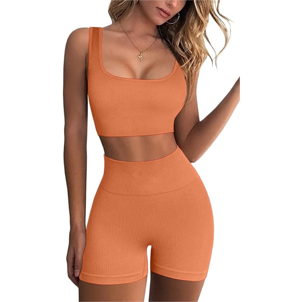 FAFOFA Orange Seamless Ribbed Workout Set - Picture 2 of 5